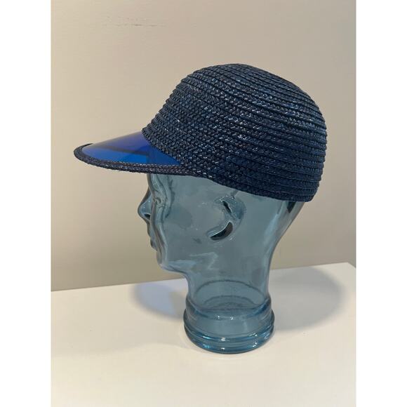 Vintage 1950s-60s Straw Visor Sun Hat Blue JL - Picture 3 of 6